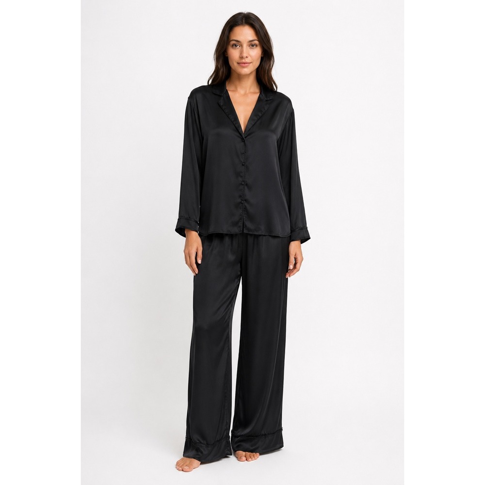Free People Pajama Set S Black Satin Eyelash Lace Trim Long Sleeve Wide Leg PJ